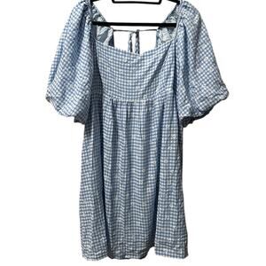 Sweet Lemon Blue White Gingham Floral Puff‎ Sleeve Babydoll Dress 1XL Tie Back